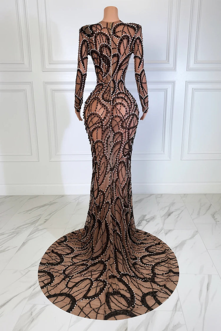 Yembi Fashion luxury black pearl mesh maxi dress featuring hand-beaded white pearl wave patterns on transparent nude illusion sheer fabric with long sleeves