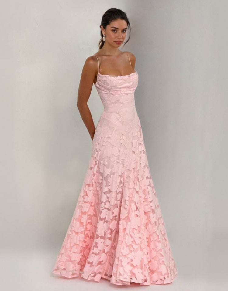 Yembi Fashion luxury pink floral lace maxi gown featuring a structured corset bodice, delicate spaghetti straps, and a graceful flowy A-line skirt