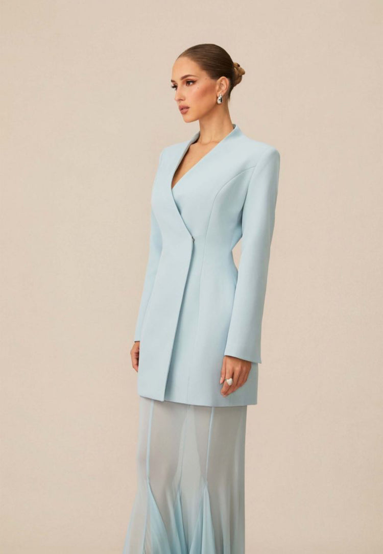 Yembi Fashion luxury light blue blazer mermaid gown featuring a structured tuxedo jacket bodice and a dramatic sheer pleated mermaid train skirt