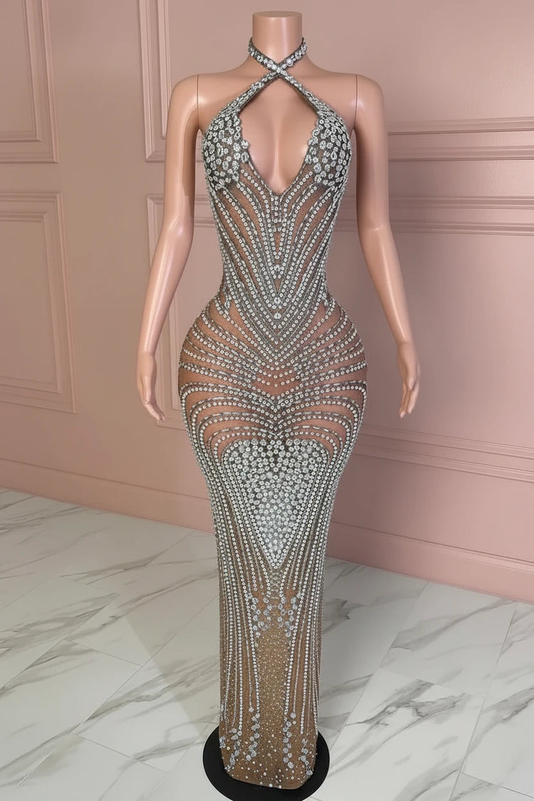 Yembi Fashion luxury silver rhinestone halter gown sparkly crystal evening dress nude illusion mesh maxi dress keyhole cutout prom dress