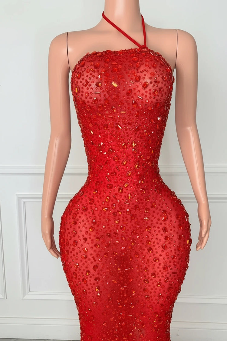 Yembi Fashion red crystal maxi dress with asymmetric halter neck strap, sheer red mesh, and heavy constellation pattern of ruby red rhinestones