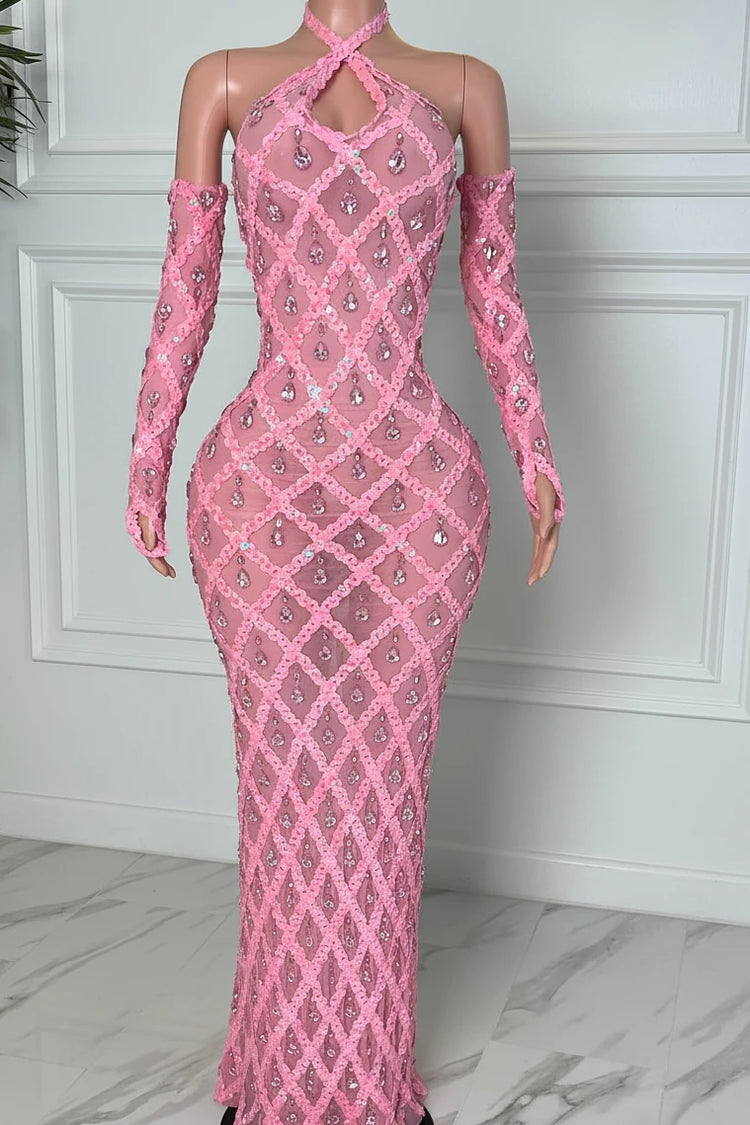 Yembi Fashion pink crystal halter dress with criss-cross neckline, central chest keyhole cutout, sheer pink mesh, and geometric diamond grid pattern of rose rhinestones
