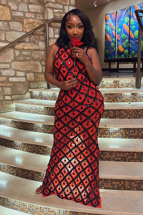 Yembi Fashion red crystal halter dress with sheer mesh, geometric diamond grid pattern, and black rhinestone teardrops