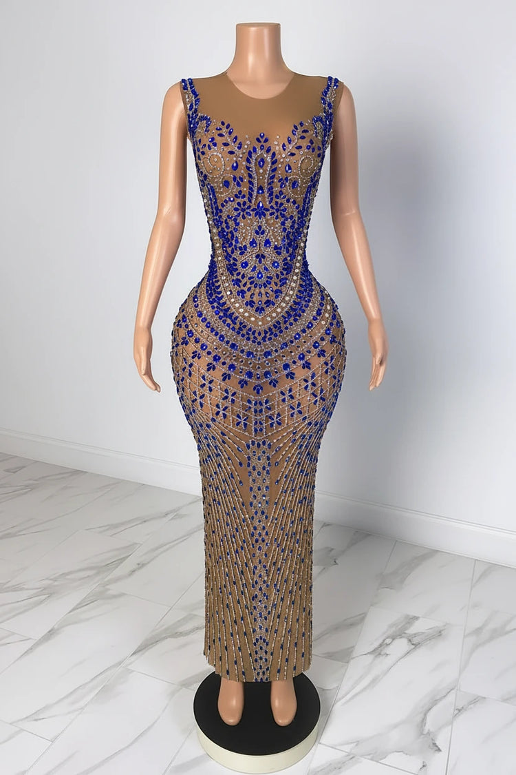 Yembi Fashion royal blue crystal maxi dress with sheer nude illusion mesh, vertical sapphire rhinestone lines, and baroque crystal bodice embellishments