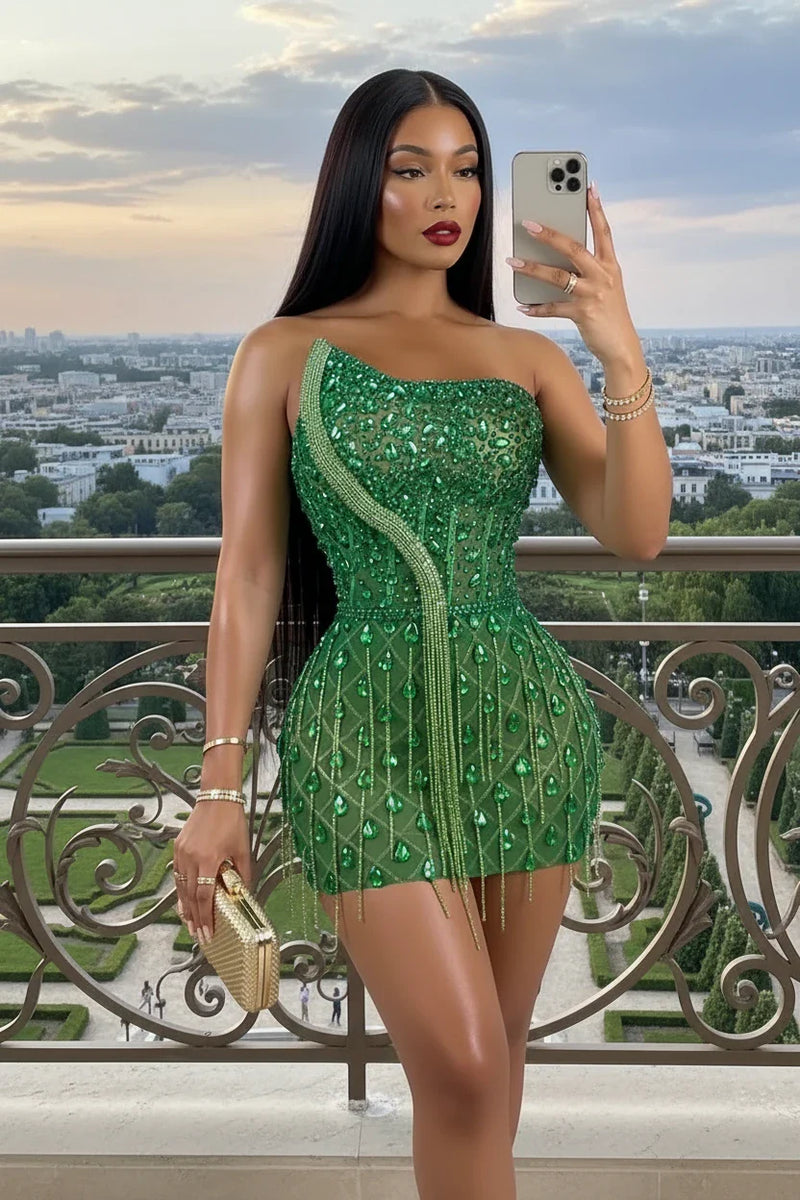 Yembi Fashion green crystal mini dress with asymmetric one shoulder neckline, teardrop emerald rhinestones, and vertical beaded fringe