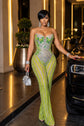 Gold Rhinestone Corset Jumpsuit Sheer Long Sleeve Catsuit Luxury Party Wear Yembi Fashion