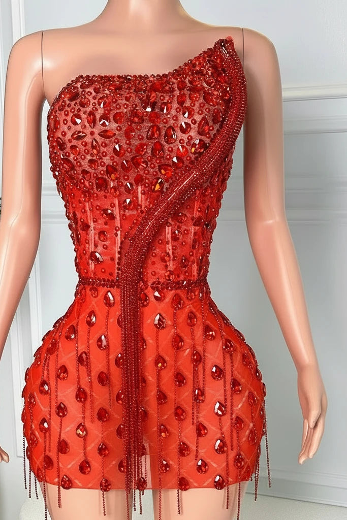 Yembi Fashion red crystal mini dress with asymmetric one shoulder neckline, teardrop ruby rhinestones, and vertical beaded fringe