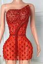 Yembi Fashion red crystal mini dress with asymmetric one shoulder neckline, teardrop ruby rhinestones, and vertical beaded fringe