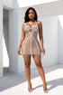 Yembi Fashion silver crystal mini dress with statement rhinestone bow bodice and beaded fringe strands