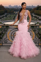 Yembi Fashion pink ruffled mermaid dress with asymmetric bodice, sheer nude-illusion mesh, baroque rhinestone embroidery, and layered tulle skirt