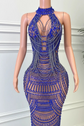 The Ultimate Royal Blue Rhinestone Maxi Dress with Layered Body Chains