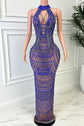 Yembi Fashion royal blue rhinestone maxi dress with nude illusion mesh, embellished halter neck, and layered metallic body chains
