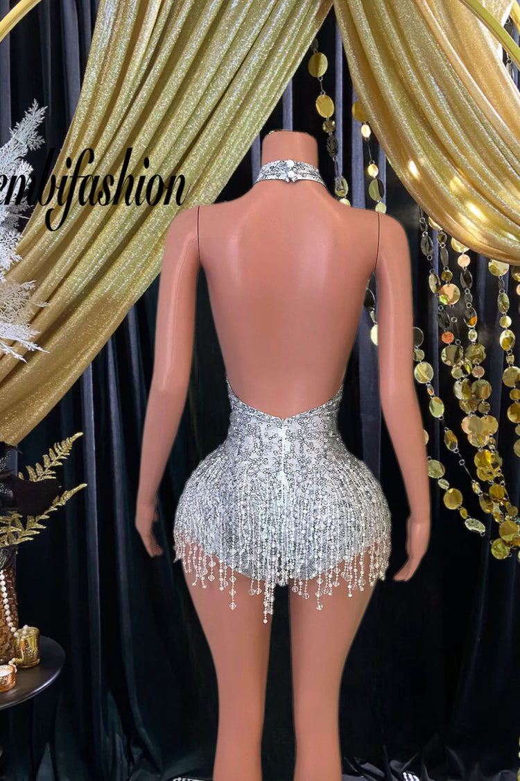 The Ultimate White Crystal Fringe Playsuit for Luxury Celebrations