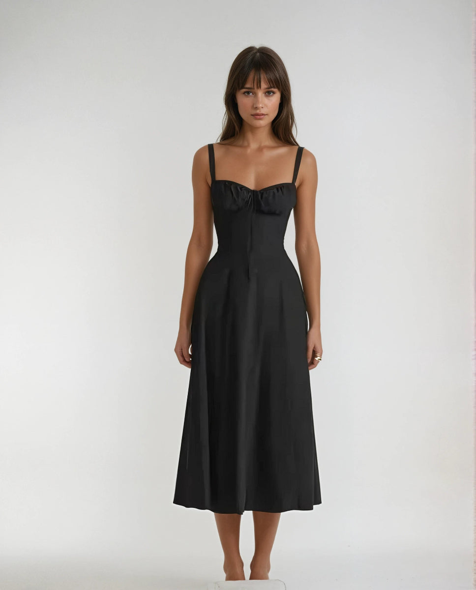 French style lace-up A-line maxi dress – elegant high waist long dress”