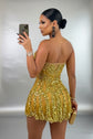 Yembi Fashion gold sequin mini dress with strapless sweetheart neckline and sheer nude-illusion corset bodice