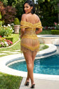 Yembi Fashion crystal embellished gold mini dress with rhinestone illusion bodice and structured off the shoulder straps