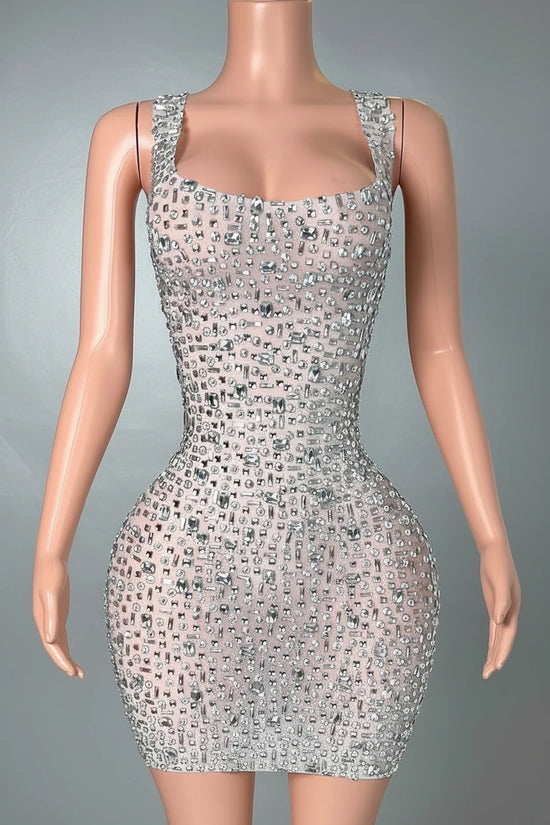 Rhinestone Mini Dress – Stretch Mesh Bodycon Evening Party Dress