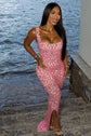 Rhinestone Long Dress in Pink – Stretch Mesh Bodycon Evening Party Dress