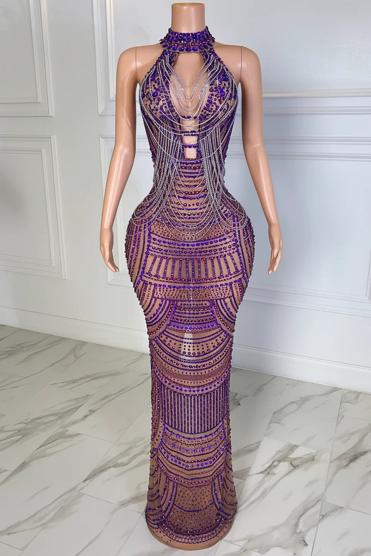 Purple beaded evening gown on a mannequin against a neutral background