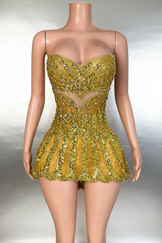 Yembi Fashion gold sequin mini dress with strapless sweetheart neckline and sheer nude-illusion corset bodice