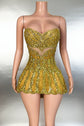 Yembi Fashion gold sequin mini dress with strapless sweetheart neckline and sheer nude-illusion corset bodice