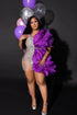 Purple Rhinestone Feather Dress - Elegant mini dress with sparkling rhinestones and feathers, perfect for birthdays and special occasions.