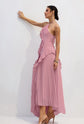 Pink Asymmetry Pleated Halterneck Midi Dress