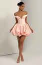 Yembi Fashion luxury pink off-the-shoulder puff mini dress featuring a structured corset bodice with a plunging V-neckline and dramatic bubble skirt