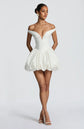 Yembi Fashion luxury white off-the-shoulder puff mini dress featuring a structured corset bodice with a plunging V-neckline and dramatic bubble skirt