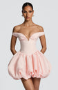 Yembi Fashion luxury pink off-the-shoulder puff mini dress featuring a structured corset bodice with a plunging V-neckline and dramatic bubble skirt