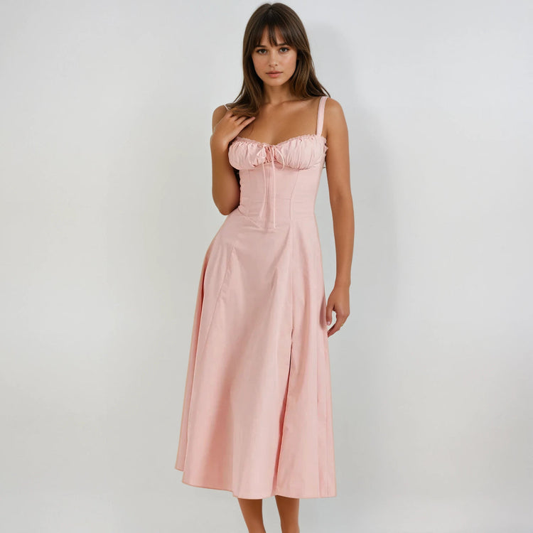 French style lace-up A-line maxi dress – elegant high waist long dress”