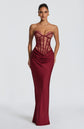 Yembi Fashion luxury red strapless maxi gown featuring a structured corset bodice and a dramatic draped basque waist skirt