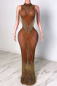 Yembi Fashion brown crystal maxi dress with high mock neck, sheer brown illusion mesh, silver rhinestones, shoulder chains, and tiered rhinestone fringe