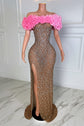 Yembi Fashion pink ruffled maxi dress with off the shoulder sweetheart neckline, sheer nude illusion mesh, silver crystals, and bold pink 3D ruffled fabric trim