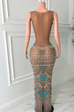 Yembi Fashion turquoise crystal maxi dress with round neckline, sleeveless sheer beige mesh, and geometric scalloped patterns of aqua and silver rhinestones