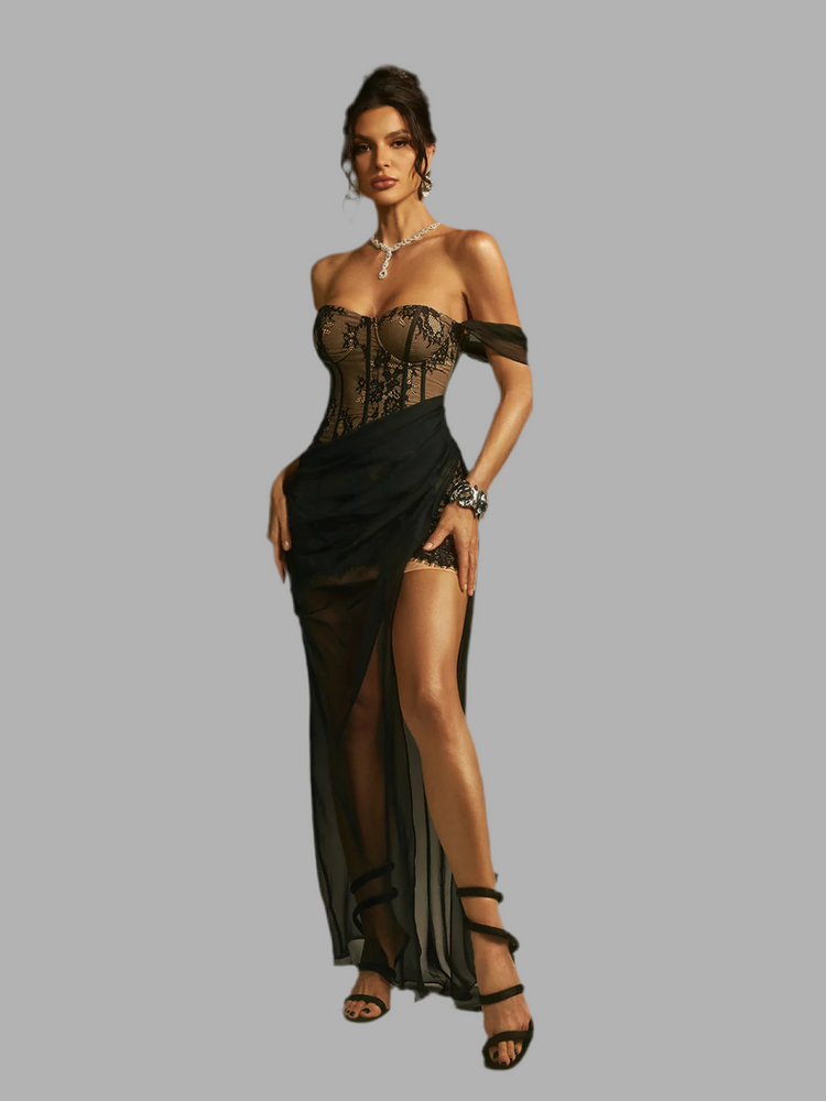 Katy off shoulder lace and mesh maxi dress