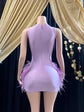 Yembi Fashion feather crystal embellished lavender mini dress with rhinestone illusion bodice and premium ostrich feathers