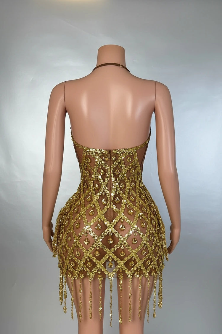 Yembi Fashion gold crystal mini dress with backless mesh cage design, geometric diamond sequin pattern, and hanging crystal fringe