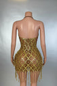 Yembi Fashion gold crystal mini dress with backless mesh cage design, geometric diamond sequin pattern, and hanging crystal fringe
