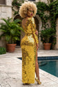 The Ultimate Gold Mirror Maxi Dress with Mosaic Shards & Thigh Slit
