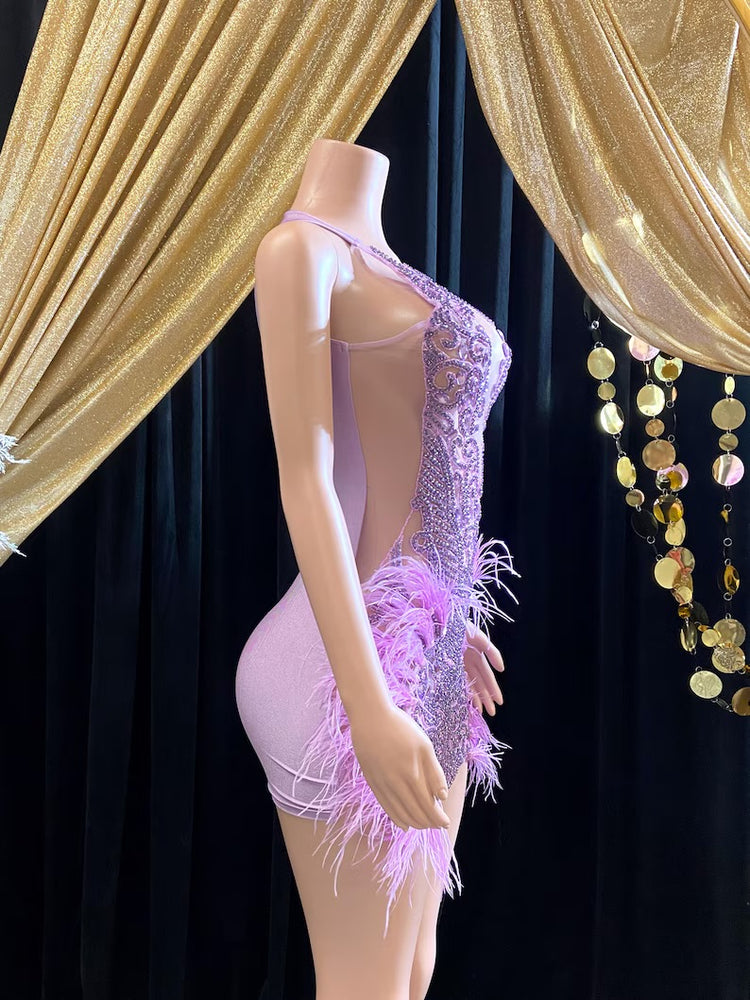Yembi Fashion feather crystal embellished lavender mini dress with rhinestone illusion bodice and premium ostrich feathers
