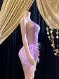 Yembi Fashion feather crystal embellished lavender mini dress with rhinestone illusion bodice and premium ostrich feathers