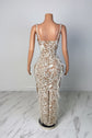 Yembi Fashion feather crystal maxi dress with thin pearl straps, sheer nude illusion mesh, white floral rhinestone embroidery, and side ostrich feathers
