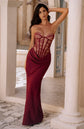 Yembi Fashion luxury red strapless maxi gown featuring a structured corset bodice and a dramatic draped basque waist skirt