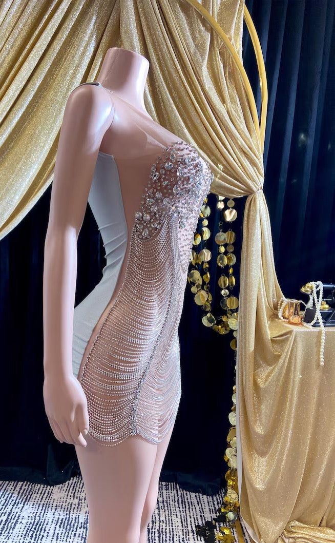 A sparkling Crystal Silver Bling Rhinestone Birthday Dress for ladies, featuring shimmering rhinestones and elegant details, perfect for special occasions.