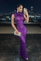 Yembi Fashion purple crystal maxi dress with high mock neck, sleeveless sheer nude illusion mesh, and heavy constellation pattern of amethyst violet rhinestones