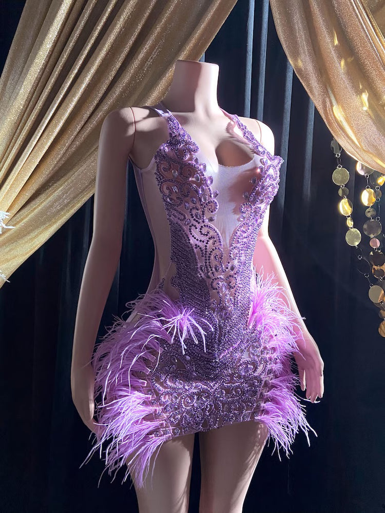 Yembi Fashion feather crystal embellished lavender mini dress with rhinestone illusion bodice and premium ostrich feathers
