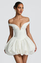 Yembi Fashion luxury white off-the-shoulder puff mini dress featuring a structured corset bodice with a plunging V-neckline and dramatic bubble skirt