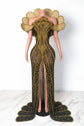 Yembi Fashion gold crystal maxi dress with structured avant-garde fan collar, sheer black nude illusion mesh, and vertical rhinestone linear lines with high slit