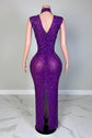 Yembi Fashion purple crystal maxi dress with high mock neck, sleeveless sheer nude illusion mesh, and heavy constellation pattern of amethyst violet rhinestones